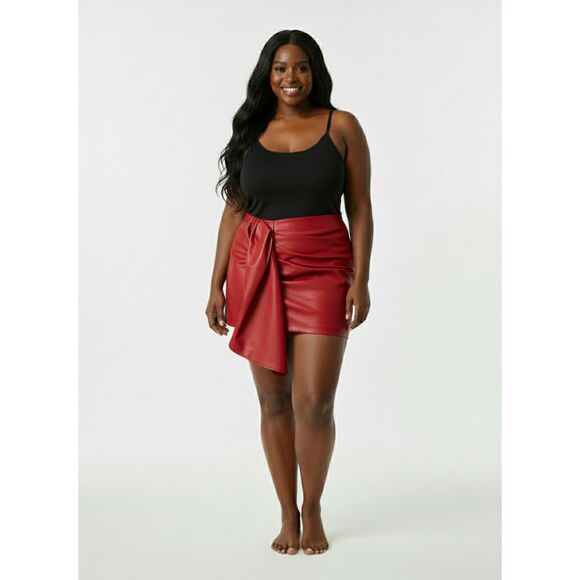 Eloquii Cascading Faux Leather Mini Skirt Size 24 in Biking Red* - Picture 3 of 3
